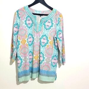 TALBOTS BOHO 3/4 SLEEVE V NECK PULLOVER SHIRT TUNIC GEOMETRIC PATTERN S…